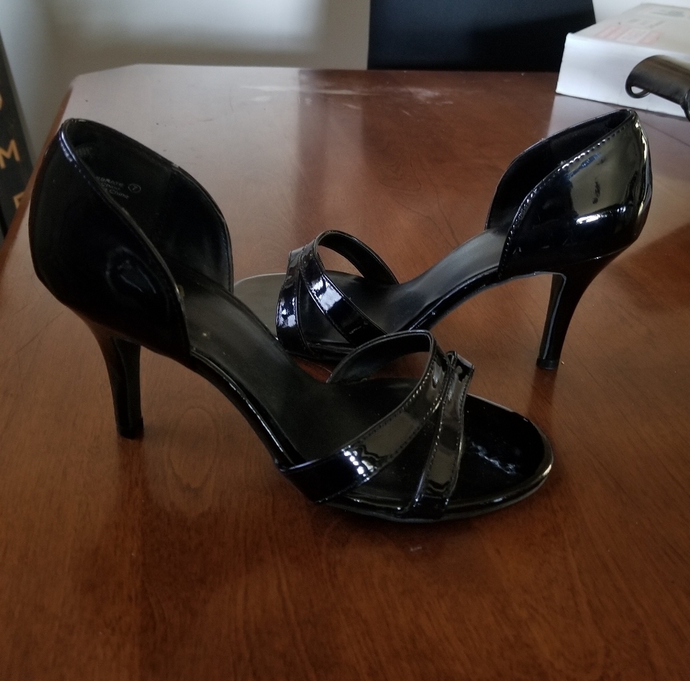 Black Patent Strappy Heels Size 7 |Classic Evening Stiletto Dress Shoes